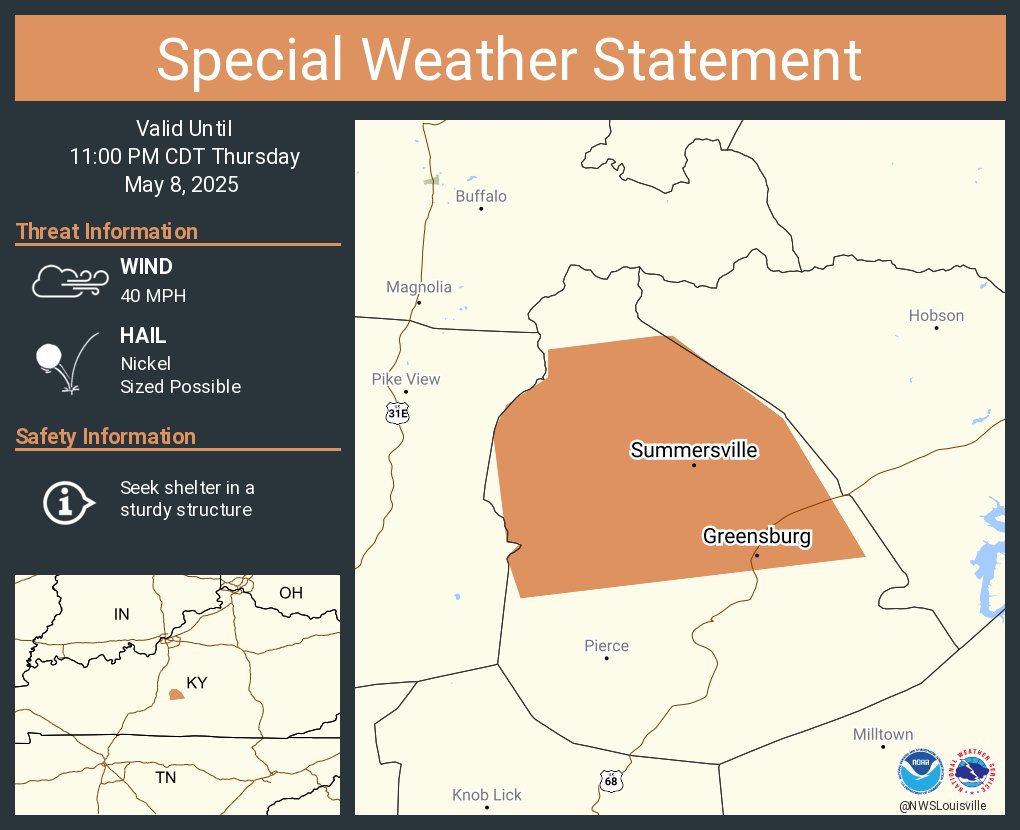A special weather statement has been issued for Greensburg KY and  Summersville KY until 11:00 PM CDT