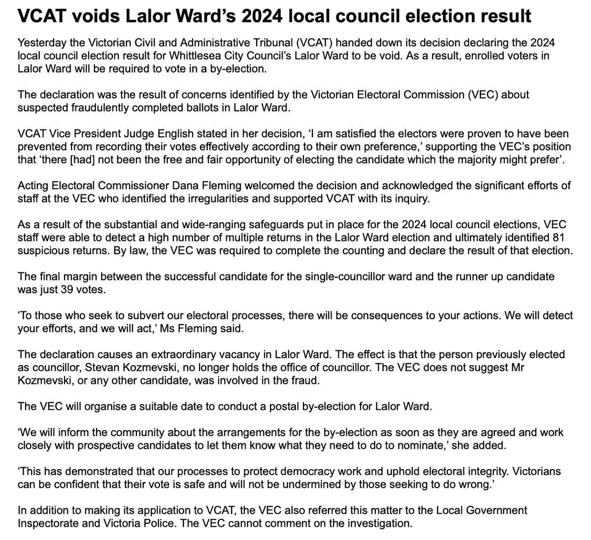 #BREAKING: The results of the 2024 Vic council elections in Lalor Ward (Whittlesea) have been VOIDED after concerns were identified about "suspected fraudulently completed ballots"

The ward was won by Labor with 50.15% of the 2CP vote – by-election will be held <a href="/LocalElectionAU/">Local Elections Australia</a>