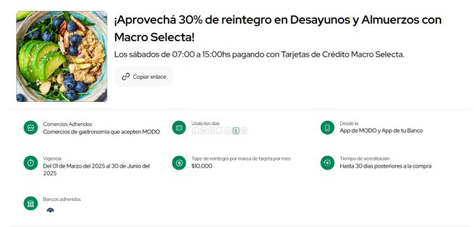 ahorrotwit's tweet photo. ¡Aprovechá 30% de reintegro en Desayunos y Almuerzos todos los sábados de 07:00 a 15:00hs pagando con tarjetas de Crédito #MacroSelecta con tope de devolucion de $10.000!
También hay otras promos que pueden acumular y llegar al 60% :
⚡30% en @luccianosN1
⚡30% en @HeladosFreddo
⚡30% en @Havanna_arg
⚡30% todos los días en un monton de #restos seleccionados