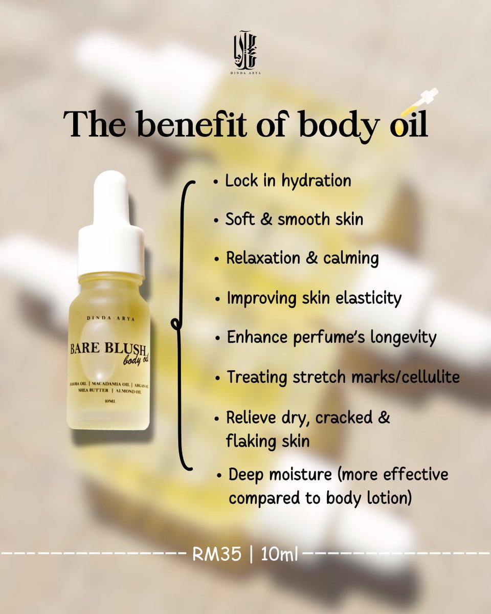“Kak Arya, body oil ni untuk apa ya?”

Okay, body oil ni more to melembutkan kulit dan melembapkan kulit tau. Incase you ada masalah kulit kering, boleh try body oil.

More effective compared to body lotion👍🏻