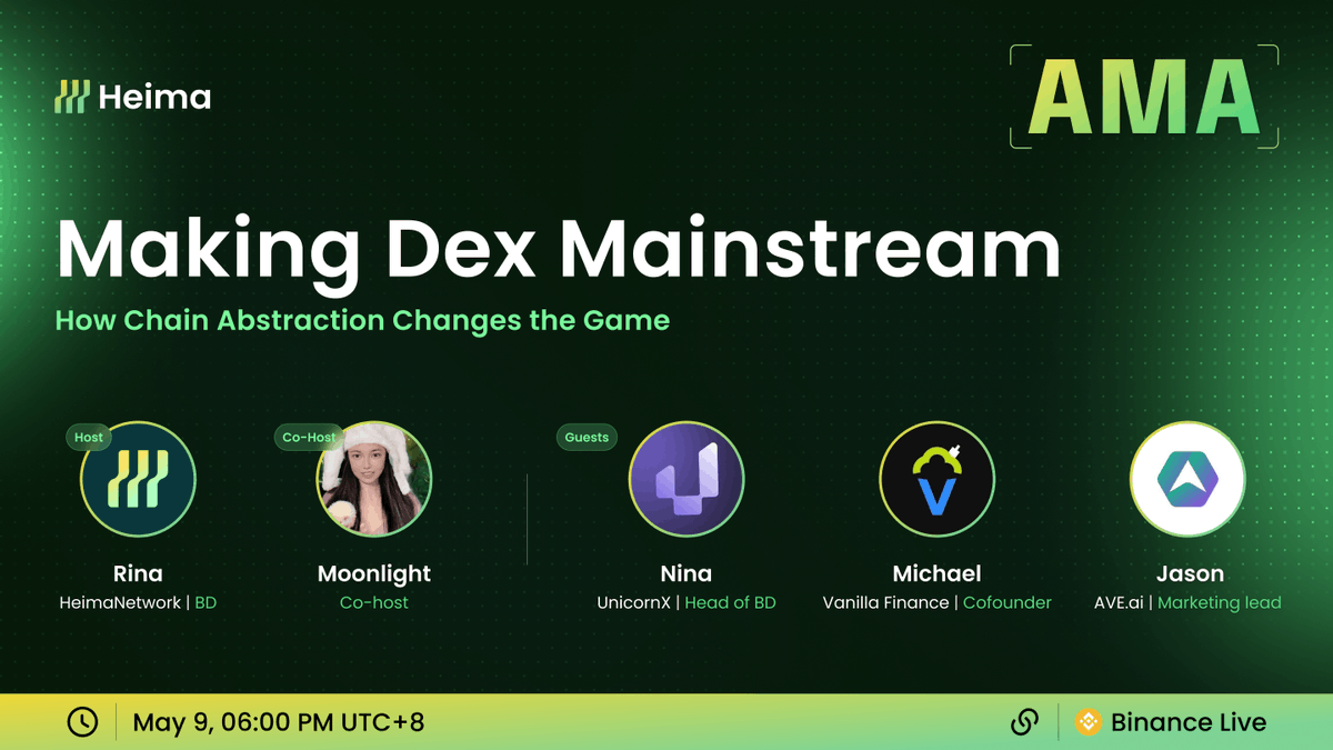 RealMoonLabs✨ (@realmoonlabs) on Twitter photo Join us for a power-packed AMA panel where we’ll dive into the biggest challenges and the next wave of innovation that could bring DEXs to the mainstream.
🎙 Host: <a href="/heimaNetwork/">Heima</a>
🤝 Co-host: <a href="/Moon1ightSt/">Moonlight🌙月光 🐥 🔱 🔆</a>
👥 Panel Guests:
<a href="/VanillaFinance/">Superp (Formerly Vanilla Finance)</a> | <a href="/Unicornx_ai/">UnicornX</a> | <a href="/AveaiGlobal/">Ave Global (💊, 💊)</a>
🗓 May 9th, Join us for a power-packed AMA panel where we’ll dive into the biggest challenges and the next wave of innovation that could bring DEXs to the mainstream.
🎙 Host: <a href="/heimaNetwork/">Heima</a>
🤝 Co-host: <a href="/Moon1ightSt/">Moonlight🌙月光 🐥 🔱 🔆</a>
👥 Panel Guests:
<a href="/VanillaFinance/">Superp (Formerly Vanilla Finance)</a> | <a href="/Unicornx_ai/">UnicornX</a> | <a href="/AveaiGlobal/">Ave Global (💊, 💊)</a>
🗓 May 9th,