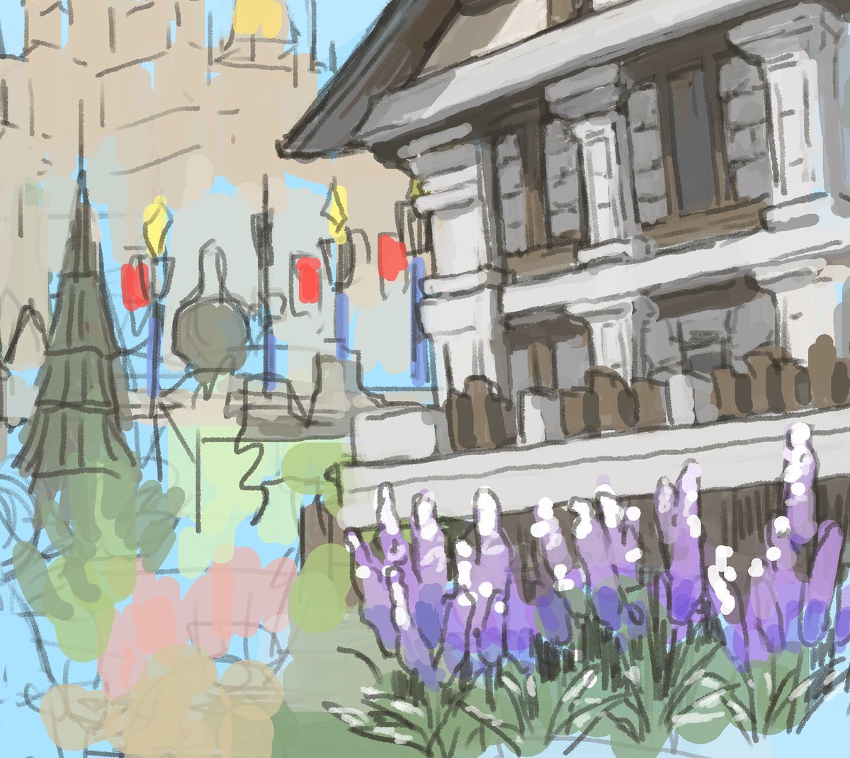 「昨日寝る前に資料欲しくてロケハンしてきたけど私には描く技量がない笑 とりあえず頑」|空のイラスト
