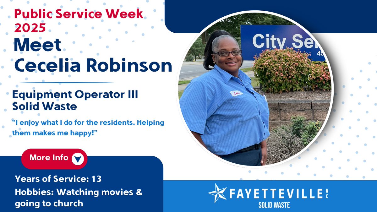 Meet Cecilia "CeCe" Robinson, an Equipment Operator III on our Solid Waste team. Ceclia has been with the city for 13 years, helping keep Fayetteville Beautiful!  Thank you for your service to our community, Cecelia!  #fayettevillenc #publicserviceweek