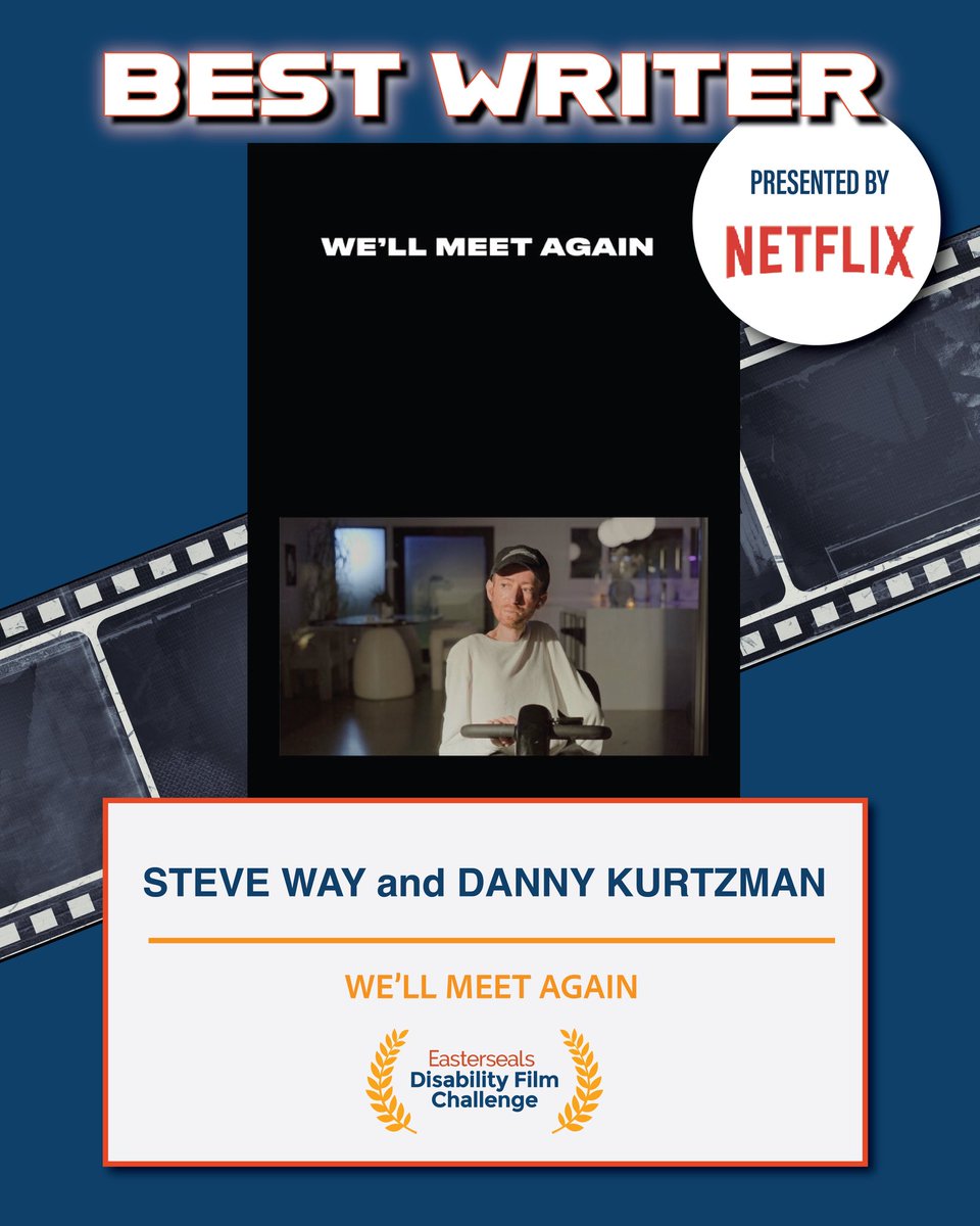 Best Writer goes to...
Steve Way and Danny Kurtzman from WE’LL MEET AGAIN. Presented by @Netflix. Congrats!
ID: Blue background with a filmstrip with the winner's name and a poster from the film.

#edfc2025 #disabilityfilmchallenge #easterseals #AwardsShow #DisabilityFilm