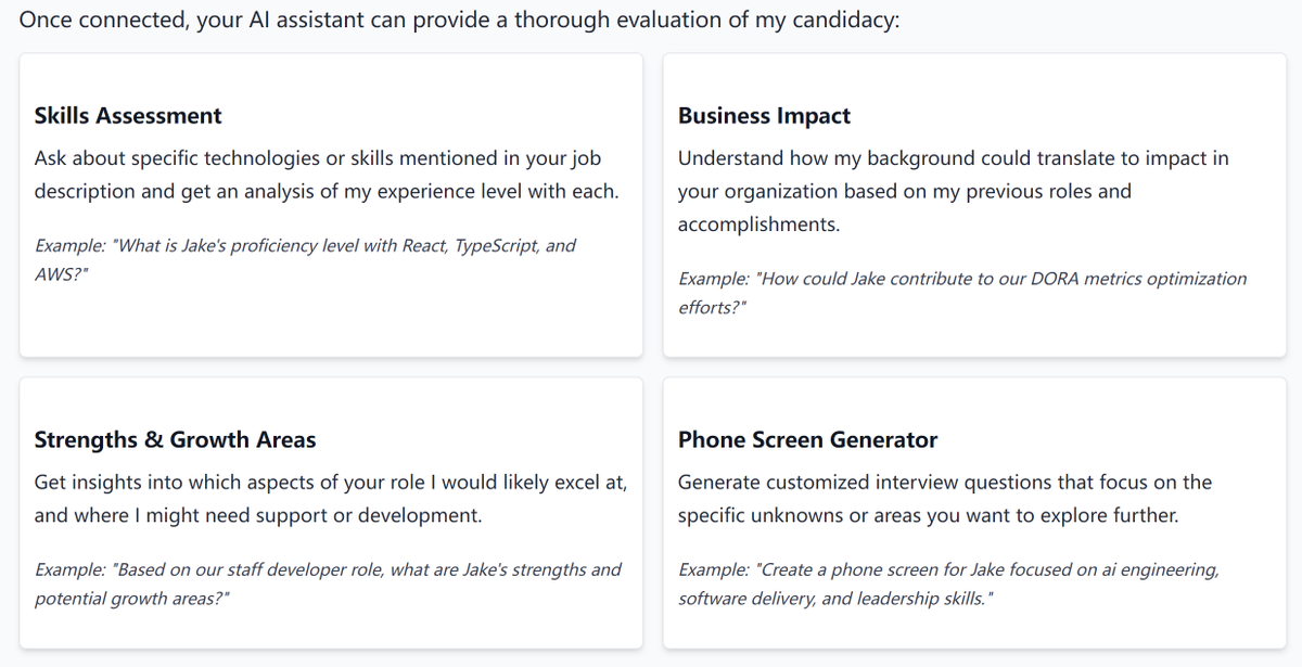 AI_detective0's tweet image. 🚨 BREAKING: Your resume can now talk to recruiters.
Check out AI Native Resume—an open-source server that:
✅ Generates dynamic career profiles
✅ Integrates with Notion/Gmail
✅ Streams data via MCP for real-time AI queries
Try the demo → ai.jakegaylor.com
#AI #JobHacks