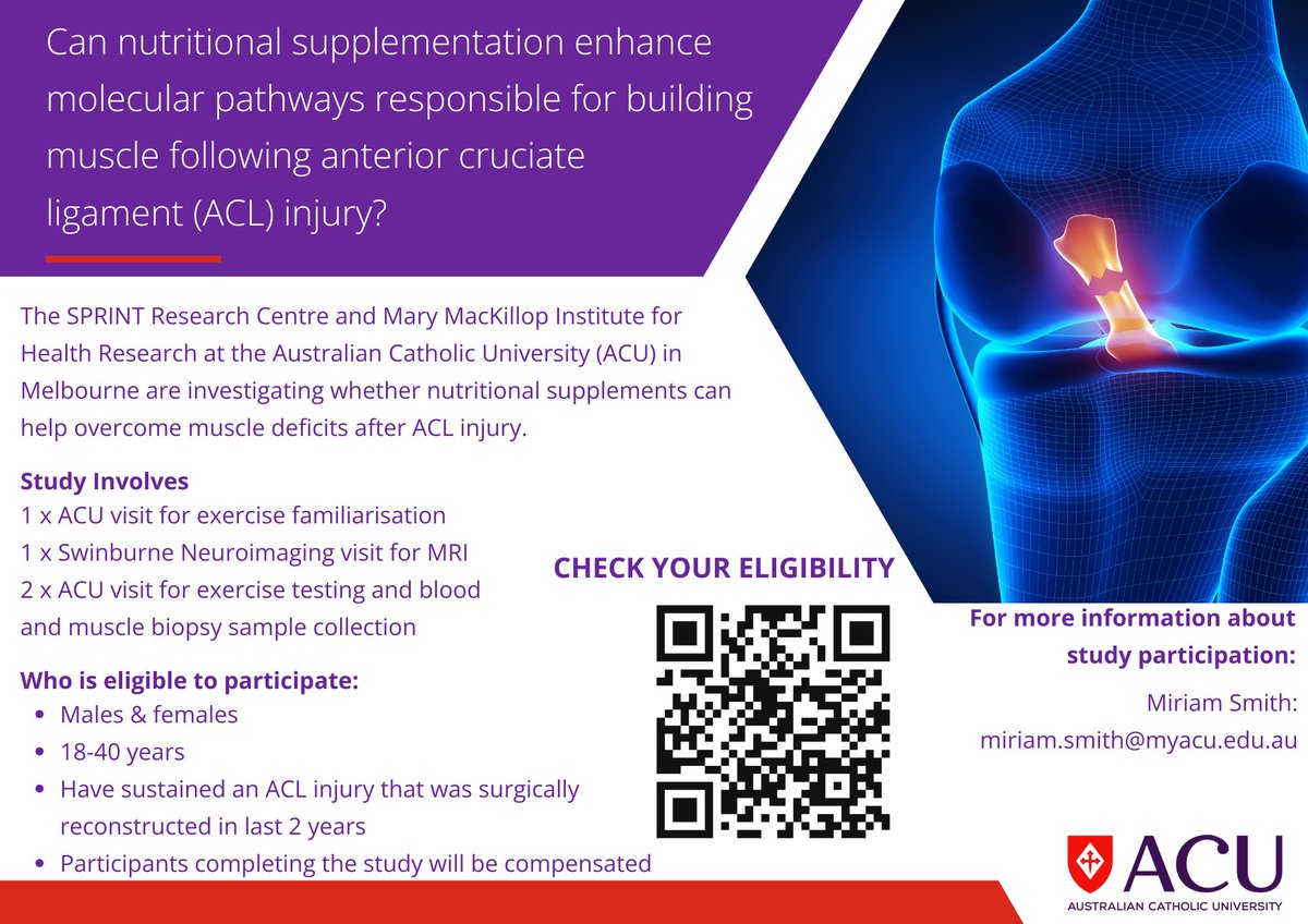 🦵 Have you had an ACL reconstruction in the past 2 years?

We are looking for participants to help us investigate whether taking nutritional supplements can help in the process of rebuilding muscle following ACL injury.

Scan the QR code below to find out more info!!