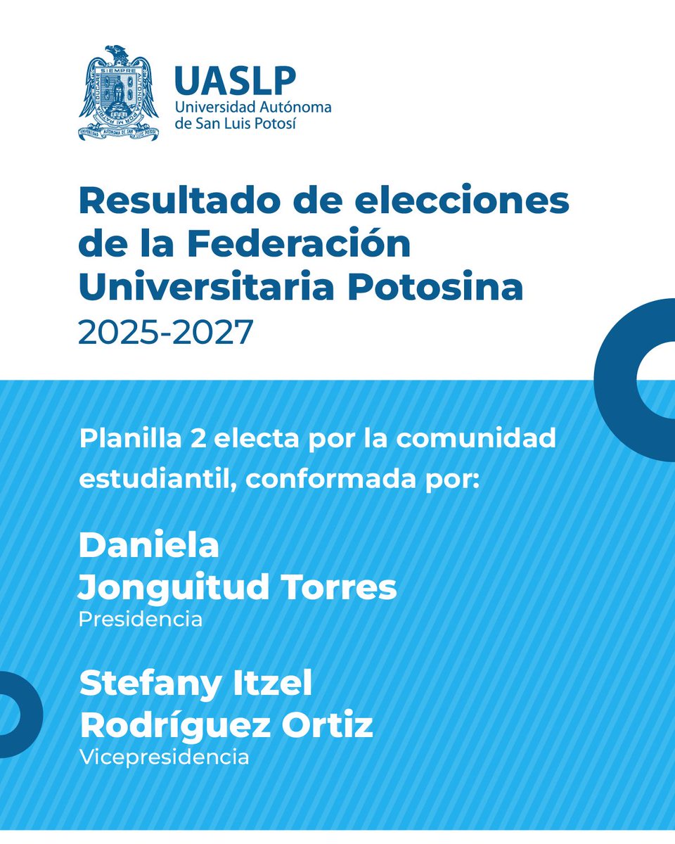 🟡 La UASLP informa que la planilla 2 estará al frente de la Federación Universitaria Potosina, en el periodo 2025-2027.