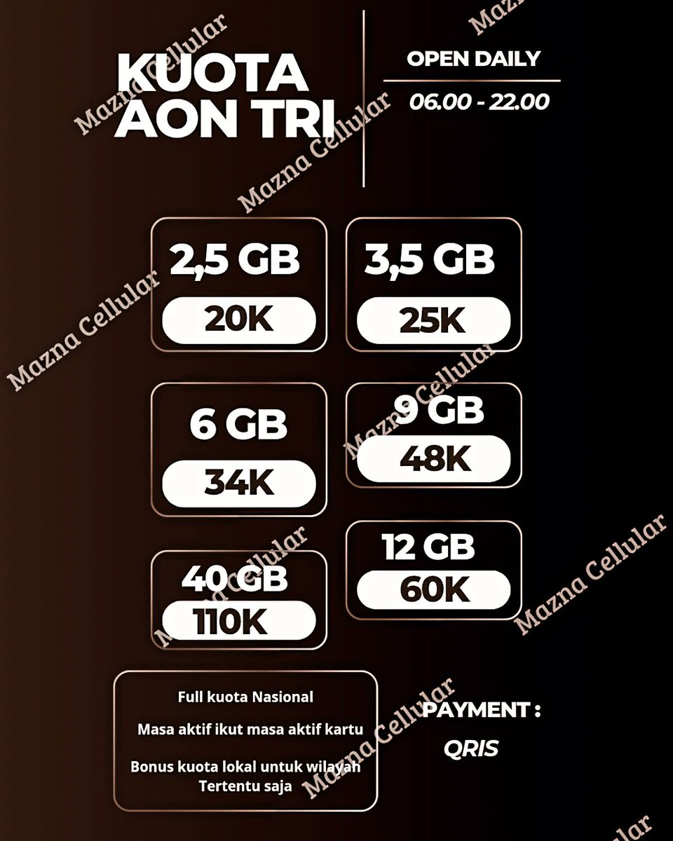 MaznaCellular's tweet photo. Hayu hayuu
Kuota aon dan happy nya ready
Next 55gb 60 hari sama 75gb 60hari

#zonauang️ 

https://t.co/eG7aHwEii0 https://t.co/5NVFJs8OOv