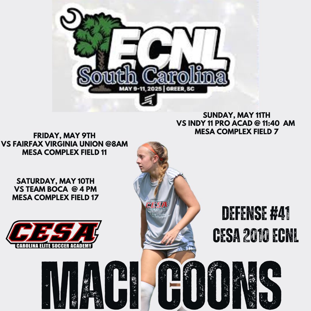 Maci Coons (@macicoons) on Twitter photo Excited for the club to host another showcase and get a chance to compete. <a href="/CESA2004/">CESA</a> <a href="/TheECNL/">The ECNL</a> <a href="/ECNLSoutheast/">ECNL Southeast Girls</a> <a href="/ECNLgirls/">ECNL Girls</a> <a href="/ImYouthSoccer/">ECNL/GA/Recruiting/College Soccer</a> <a href="/TopDrawerSoccer/">TopDrawerSoccer</a> <a href="/TheSoccerWire/">SoccerWire</a> <a href="/girlssoccernet/">Girls Soccer Network</a> #CESA #ECNLSC Excited for the club to host another showcase and get a chance to compete. <a href="/CESA2004/">CESA</a> <a href="/TheECNL/">The ECNL</a> <a href="/ECNLSoutheast/">ECNL Southeast Girls</a> <a href="/ECNLgirls/">ECNL Girls</a> <a href="/ImYouthSoccer/">ECNL/GA/Recruiting/College Soccer</a> <a href="/TopDrawerSoccer/">TopDrawerSoccer</a> <a href="/TheSoccerWire/">SoccerWire</a> <a href="/girlssoccernet/">Girls Soccer Network</a> #CESA #ECNLSC