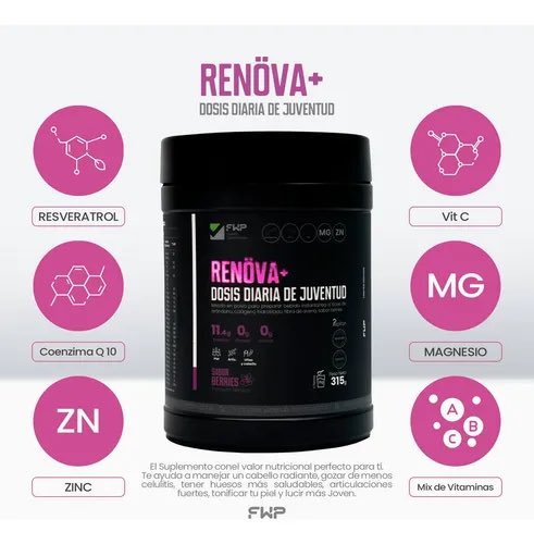 COLAGENO RENÖVA DOSIS DIARIA DE JUVENTUD 315GR 
BENEFICIOS:
Luce mas joven.
Aumenta la elasticidad y reduce las arrugas de la piel.
Mejora la salud de tu piel uñas y cabello.
Fortalece tu sistema inmunológico. 
Comenta COLAGENO y te doy toda la información
