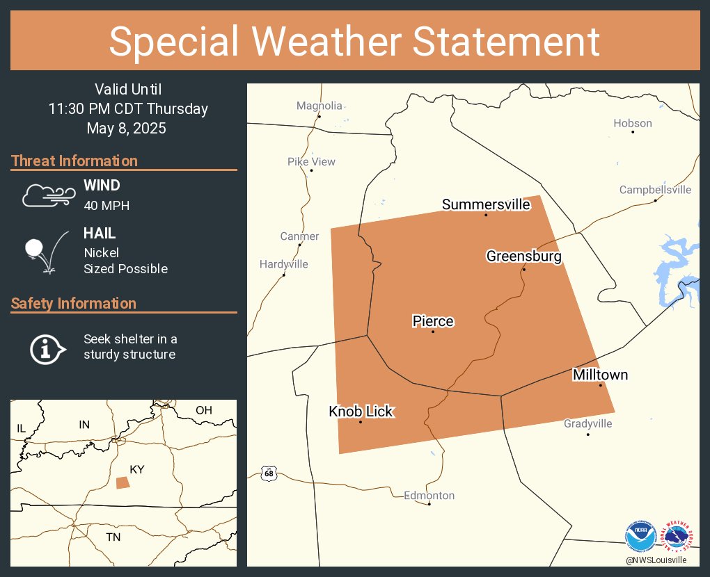 A special weather statement has been issued for Greensburg KY, Summersville KY and  Pierce KY until 11:30 PM CDT