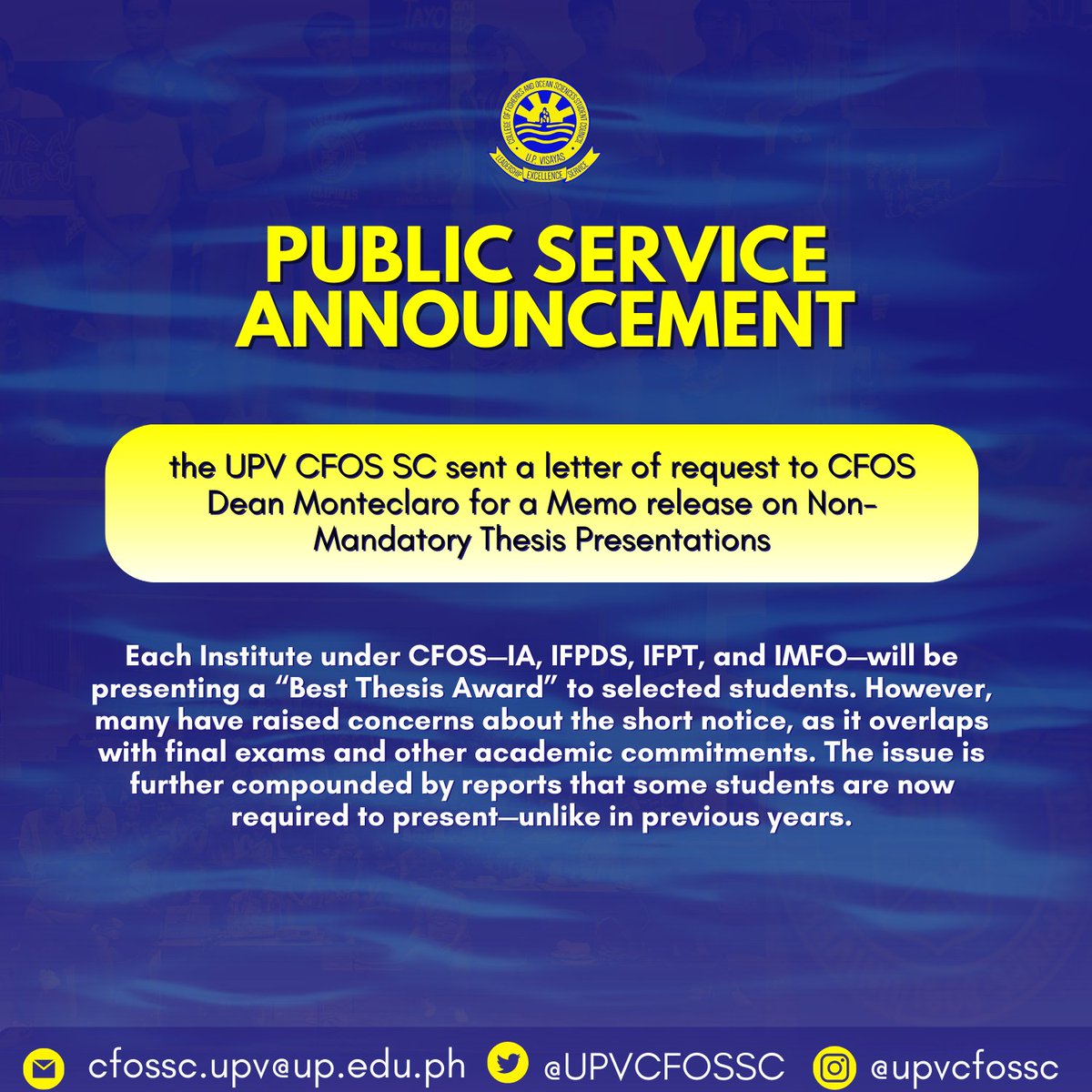 UPVCFOSSC's tweet image. 𝗣𝗦𝗔: 𝗧𝗵𝗲 𝗨𝗣𝗩 𝗖𝗙𝗢𝗦 𝗦𝗖 𝗥𝗲𝗾𝘂𝗲𝘀𝘁𝗲𝗱 𝗮 𝗠𝗲𝗺𝗼 𝗥𝗲𝗶𝘁𝗲𝗿𝗮𝘁𝗶𝗻𝗴 𝘁𝗵𝗮𝘁 𝗧𝗵𝗲𝘀𝗶𝘀 𝗣𝗿𝗲𝘀𝗲𝗻𝘁𝗮𝘁𝗶𝗼𝗻𝘀 𝗮𝗿𝗲 𝗡𝗼𝗻-𝗠𝗮𝗻𝗱𝗮𝘁𝗼𝗿𝘆

BASAHIN:
facebook.com/share/p/1CGiaC…

𝗦𝘁𝘂𝗱𝗲𝗻𝘁 𝗚𝗿𝗶𝗲𝘃𝗮𝗻𝗰𝗲 𝗙𝗼𝗿𝗺:
🔗forms.gle/m5HNNAy2yQanWm…