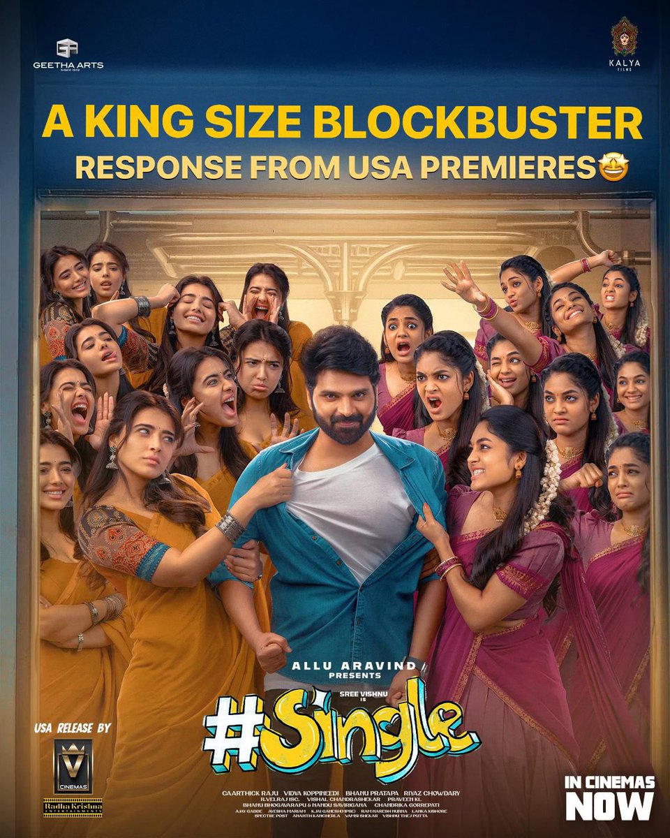 Geetha Arts (@geethaarts) on Twitter photo A king-size blockbuster response from USA Premieres 😎❤️
#Single Grand Release Today!
USA Release By <a href="/VcinemasUS/">V Cinemas</a>
<a href="/sreevishnuoffl/">Sree Vishnu</a> <a href="/TheKetikaSharma/">Ketika Sharma</a> <a href="/i__ivana_/">Ivana</a> #AlluAravind <a href="/caarthickraju/">Caarthick Raju</a> #VidyaKoppineedi <a href="/TheBunnyVas/">Bunny Vas</a> <a href="/vennelakishore/">vennela kishore</a> <a href="/bhanu_pratapa/">Bhanu Pratapa</a> <a href="/_riyazchowdary/">Riyaz Chowdary</a> <a href="/VelrajR/">rvelrajcinematograph</a> A king-size blockbuster response from USA Premieres 😎❤️
#Single Grand Release Today!
USA Release By <a href="/VcinemasUS/">V Cinemas</a>
<a href="/sreevishnuoffl/">Sree Vishnu</a> <a href="/TheKetikaSharma/">Ketika Sharma</a> <a href="/i__ivana_/">Ivana</a> #AlluAravind <a href="/caarthickraju/">Caarthick Raju</a> #VidyaKoppineedi <a href="/TheBunnyVas/">Bunny Vas</a> <a href="/vennelakishore/">vennela kishore</a> <a href="/bhanu_pratapa/">Bhanu Pratapa</a> <a href="/_riyazchowdary/">Riyaz Chowdary</a> <a href="/VelrajR/">rvelrajcinematograph</a>