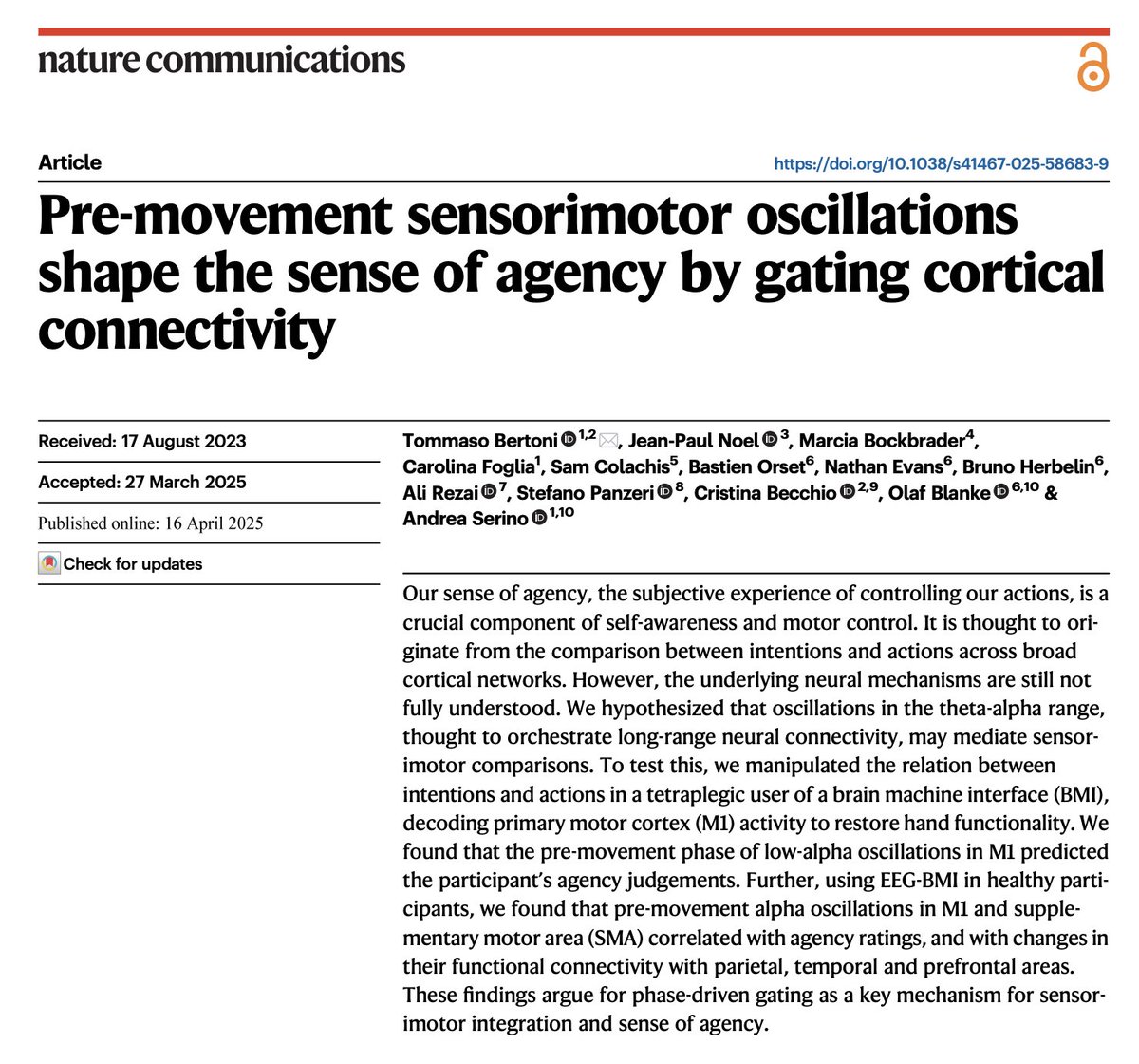 Danny Huang, MD (@yuhaohuangmd) on Twitter photo The brain decides if a movement belongs to you before you even make it. Fascinating <a href="/NatureComms/">Nature Communications</a> study reveals that pre-movement alpha rhythms in motor cortex are not just preparatory, they’re the foundation of subjective control and sense of agency. The brain decides if a movement belongs to you before you even make it. Fascinating <a href="/NatureComms/">Nature Communications</a> study reveals that pre-movement alpha rhythms in motor cortex are not just preparatory, they’re the foundation of subjective control and sense of agency.