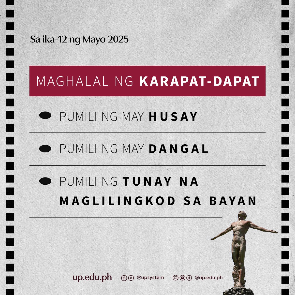 upsystem's tweet photo. Nakikiisa ang Unibersidad ng Pilipinas sa panawagan na bumoto sa Mayo 12, Lunes, para sa kapakanan ng ating mga mahal sa buhay, ng ating mga komunidad, at ng Inang Bayan.

Dibuho ni Tricia Mabale, UP MPRO https://t.co/TsT6P2pUc7