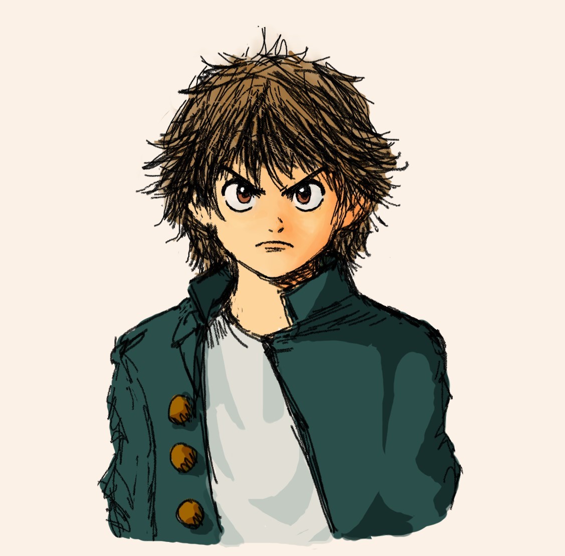 Character design for a part time police-hero, part time student!

(His name is Hideyoshi Nanaboshi! Don't call him Nana though, he'll kick your ass.)