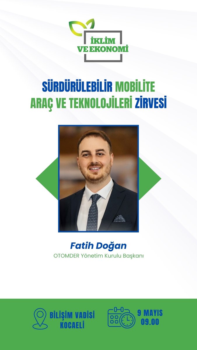 9 Mayıs 2025 tarihinde, Kocaeli Bilişim Vadisi’nde gerçekleşecek olan Sürdürülebilir Mobilite Araç ve Teknolojileri Zirvesi kapsamında, Yönetim Kurulu Başkanımız FATİH DOĞAN, “Sürdürülebilir Mobilite Teknolojileri ve Yenilikçi Yaklaşımlar” oturumunda konuşmacı olarak yer alacak.