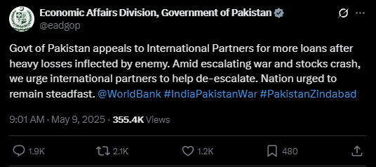 DDIndialive's tweet photo. The Government of Pakistan has formally requested additional loans from the international partners, citing "heavy losses inflicted by the enemy" amid recent escalations with India.

The appeal follows Indian military strikes on #terrorinfrastructure in Pakistan and PoK.

India has consistently called for scrutiny of such aid, highlighting Pakistan's continued use of state resources to support cross-border terrorism.

#OperationSindoor #PahalgamTerroristAttack