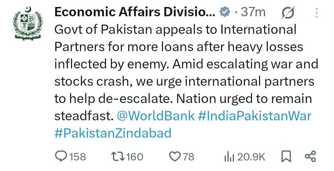 gharkekalesh's tweet photo. 🚨 BREAKING NEWS 
Pakistani govt has appealed to international partners, including the World Bank, for additional loans following MASSIVE LOSSES inflicted by Indian strikes. https://t.co/v0Tfzybnqq
