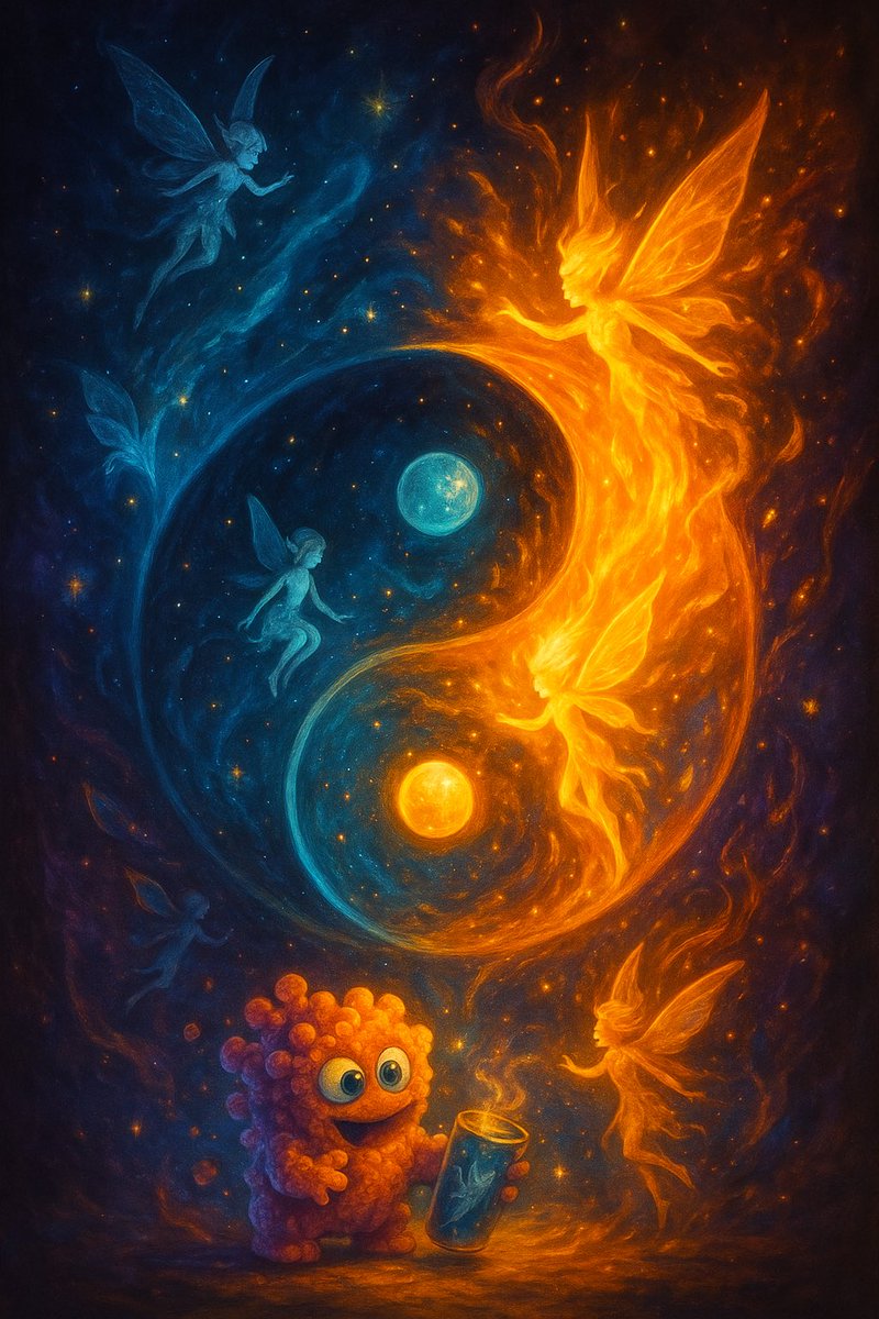artivision2611's tweet photo. When light and darkness don’t fight—
they dance.
Sparks fly from balance.
And sometimes… little fairies.
Magic begins where harmony explodes.
#YinYang #FantasyArt #CosmicMagic #AIart #FairyEnergy #ArtyVibe https://t.co/mmtPIV8Nse