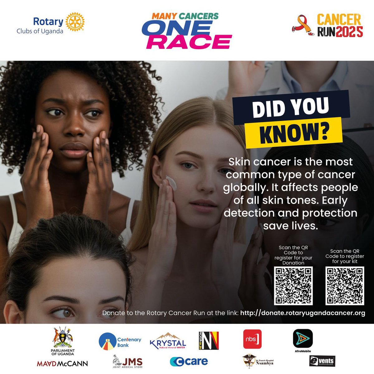 #DYK: Skin cancer is the most common type of cancer globally ? 

Be part of the this year’s #CancerRunUg25 by creating more awareness about them to so that you save lives or make a donation too using link: donate.rotaryugandacancer.org | 

#SkinCancerAwareness