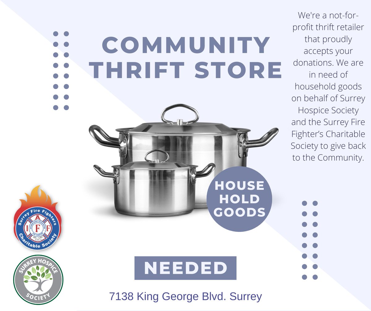 Community Thrift Store, needs help!
Have some items you no longer need? We at the thrift store need your household items, kitchenware, home decor, etc.
Come drop them off at our store!  Please Share. 
shscommunitythriftstore.com/donate 604-599-9930 #SurreyBC #newtonbc #thriftstore