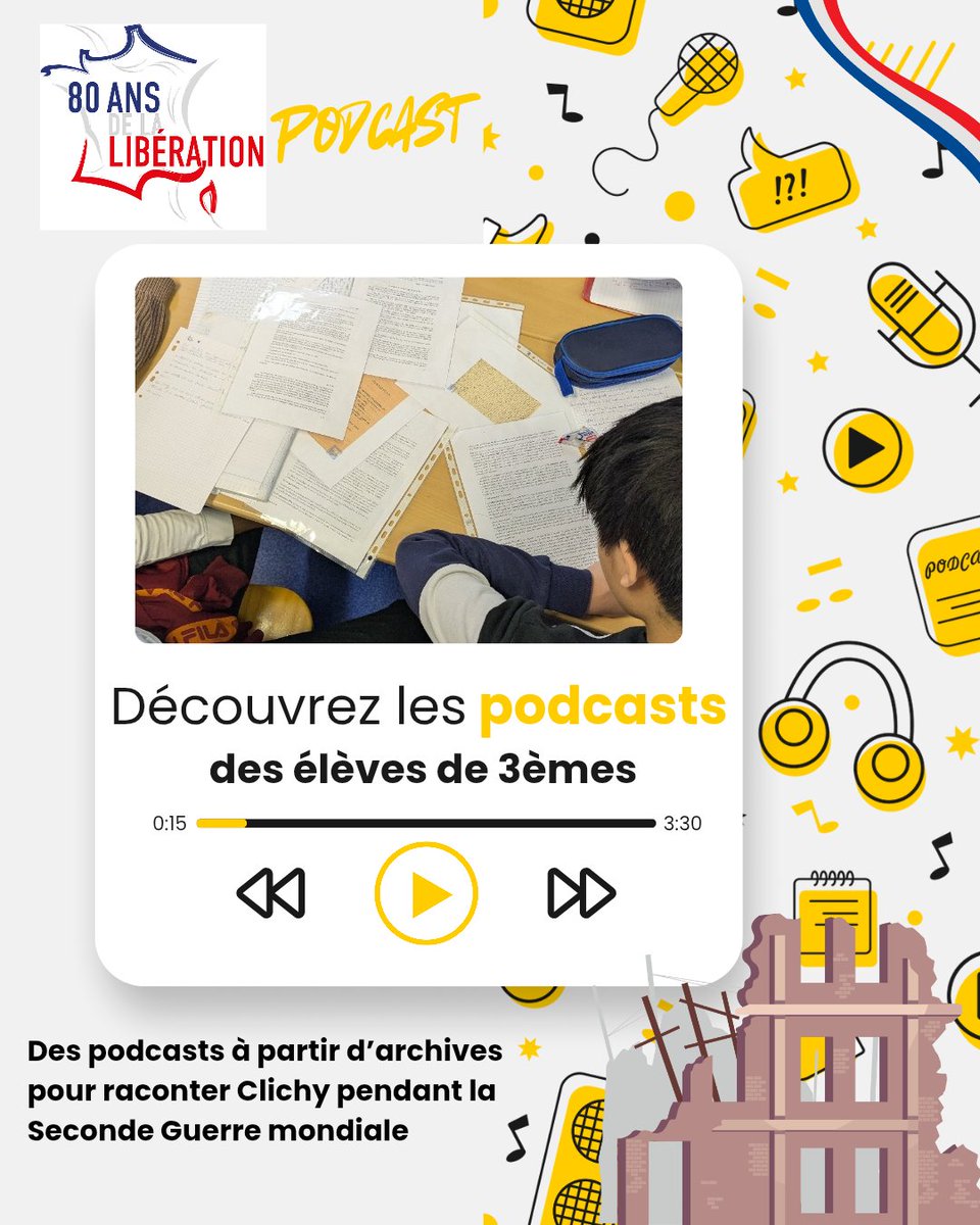 Écoutez les podcasts des élèves de 3eme du collège Jean Macé à Clichy réalisés à partir d'archives historiques.
Découvrez l'histoire de la Seconde Guerre mondiale à Clichy autrement ! 
<a href="/acversailles/">Académie de Versailles</a> <a href="/Mission80ans/">Mission Libération</a> <a href="/SF_Siege/">Le Souvenir Français</a> <a href="/villeclichy/">Ville de Clichy-la-Garenne</a> 

izi.travel/browse/0fcae03…