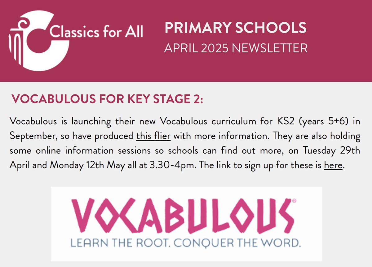 Vocabulous (@vocabulousuk) on Twitter photo 🌟Thanks to <a href="/classicsforall/">Classics for All</a> for including <a href="/VocabulousUK/">Vocabulous</a> in your Primary Schools' newsletter!
🥳We are excited to be launching our new KS2 curriculum. There's still time to find out more about it - sign up to our webinar next week: forms.office.com/e/Gzksq1xFLq 🌟Thanks to <a href="/classicsforall/">Classics for All</a> for including <a href="/VocabulousUK/">Vocabulous</a> in your Primary Schools' newsletter!
🥳We are excited to be launching our new KS2 curriculum. There's still time to find out more about it - sign up to our webinar next week: forms.office.com/e/Gzksq1xFLq