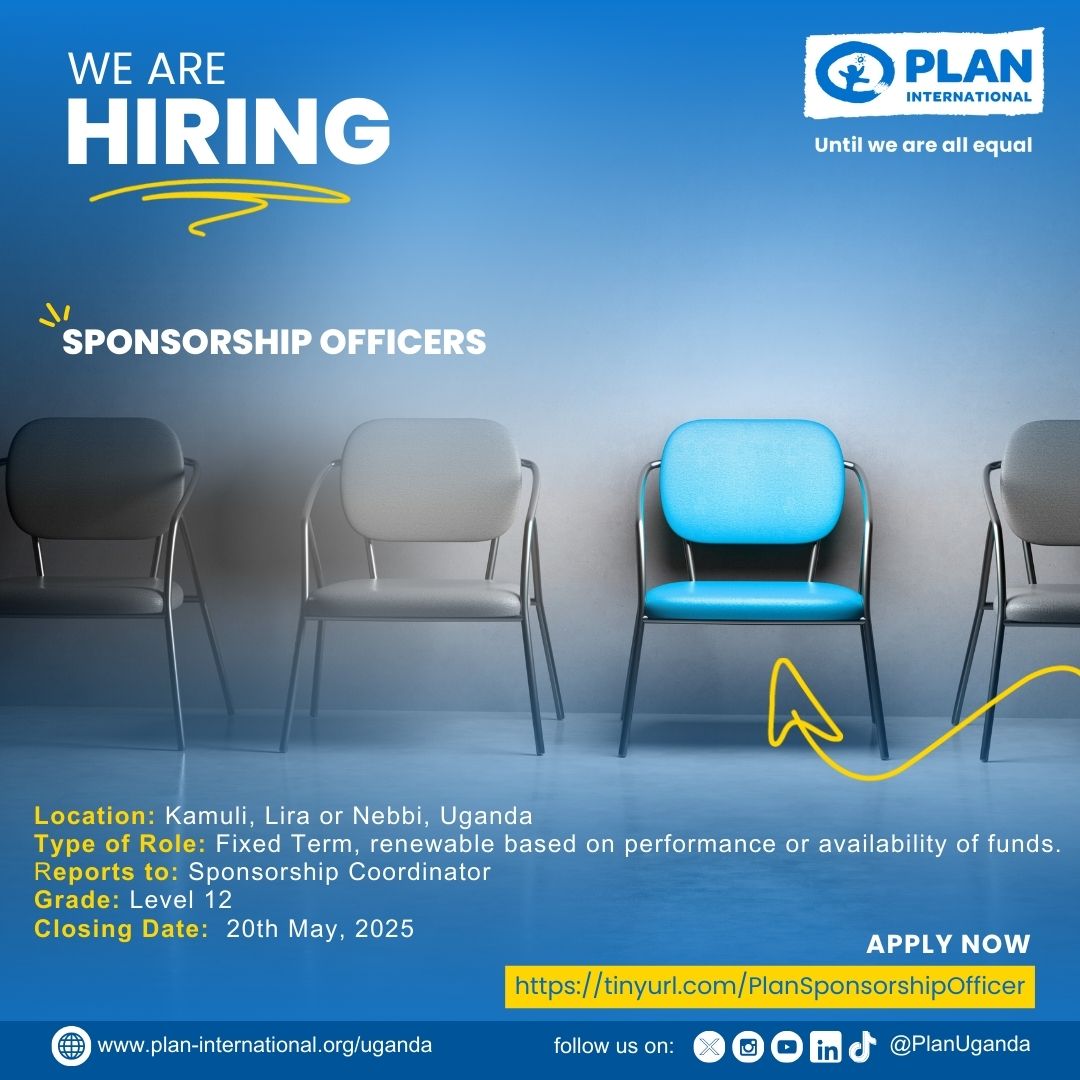 Evanco Consult (@evancohr) on Twitter photo Hiring <a href="/PlanUganda/">Plan International Uganda</a>
Locations: Lira/ Nebbi/ Kamuli.
Closing Date: 20 May 2025.
Follow link below for details and application procedure
tinyurl.com/PlanSponsorshi… Hiring <a href="/PlanUganda/">Plan International Uganda</a>
Locations: Lira/ Nebbi/ Kamuli.
Closing Date: 20 May 2025.
Follow link below for details and application procedure
tinyurl.com/PlanSponsorshi…