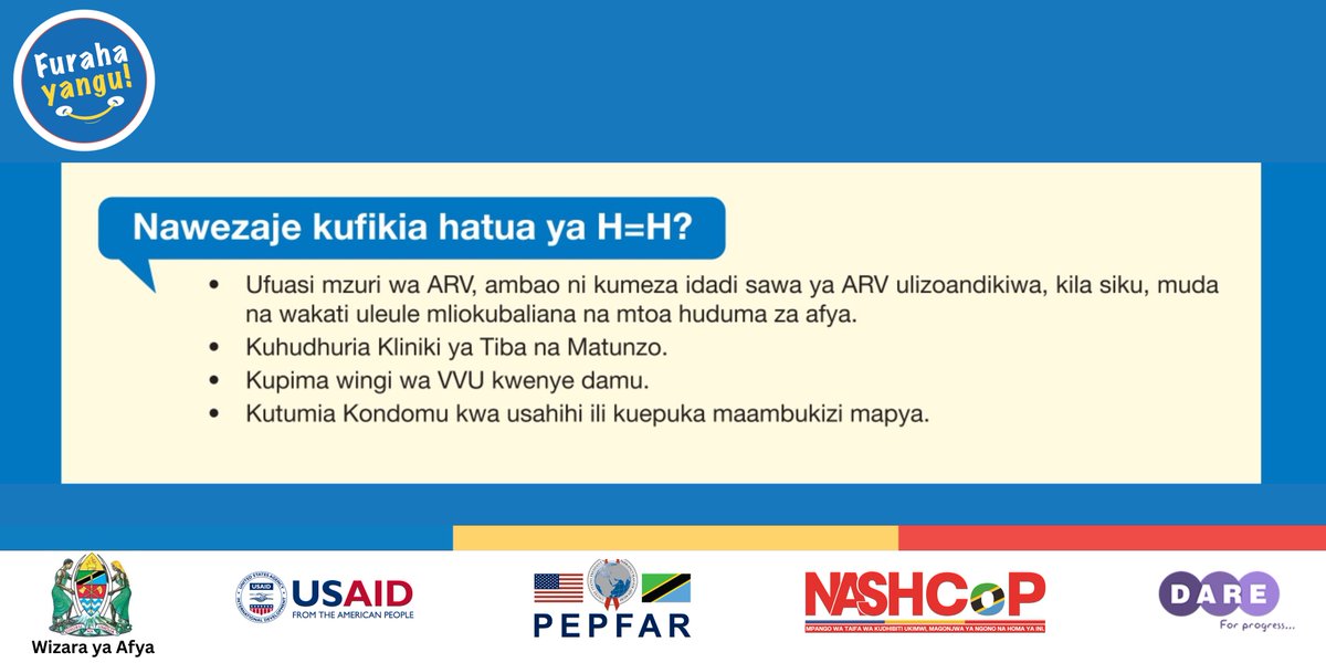 tilda_reborn's tweet photo. Unataka kufikia #HsawanaH ?
Tumia ARV kila siku, hudhuria kliniki, pima virusi, na tumia kondomu ipasavyo!
#dareforprogress #DARE2bUndetectable #HavionekaniHaviambukizi 

@Dareforprogress https://t.co/pgOgcPTpEd