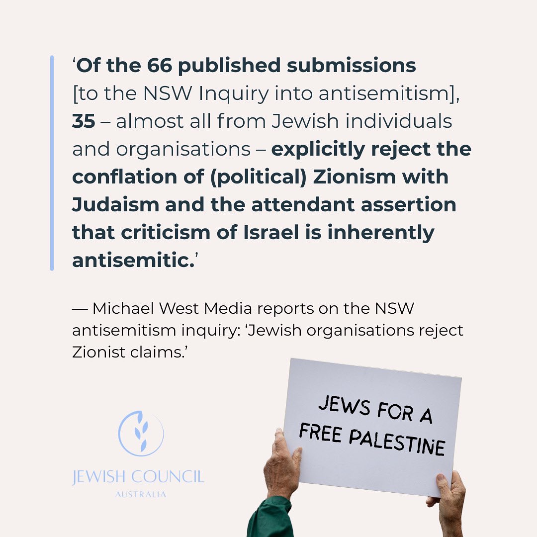 Jewish Council of Australia (@jewishcouncilau) on Twitter photo Submissions to the NSW antisemitism inquiry show large cohorts of Jewish people reject the attempts at conflating Zionism with Judaism and criticism of Israel with antisemitism.
Read the full report published by <a href="/MichaelWestBiz/">💧Michael West</a> here:
michaelwest.com.au/nsw-antisemiti… Submissions to the NSW antisemitism inquiry show large cohorts of Jewish people reject the attempts at conflating Zionism with Judaism and criticism of Israel with antisemitism.
Read the full report published by <a href="/MichaelWestBiz/">💧Michael West</a> here:
michaelwest.com.au/nsw-antisemiti…