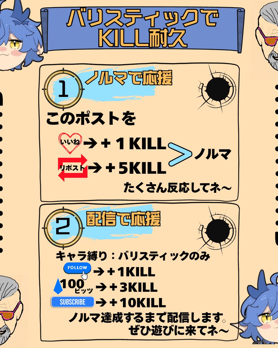 Coulson_ch's tweet photo. 【個人企画のお知らせ📢】
バリスティックでキル耐久します！
このポストを
いいね→１キル
リポスト→５キル
した合計のキル数を耐久します！
締め切りは5/10(土)23:59までとします！
配信は5/11(日)23:00～Twitchで行います！
配信中もお邪魔虫できるので添付画像を参考にお願いします！
#Apex
#ONEWIN