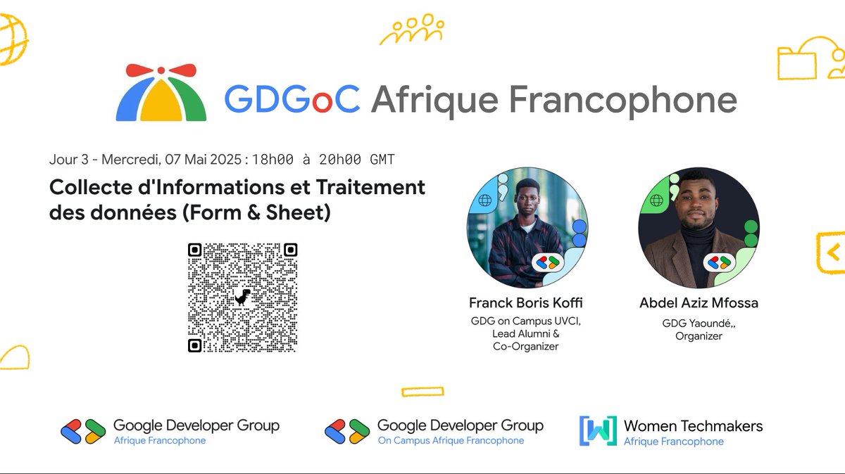 AbdelMfossa's tweet image. Merci à toutes et tous d’avoir rejoint notre session &quot;Collecte et Traitement des données (Forms &amp;amp; Sheets)&quot; dans le cadre de #GDGoC Afrique Francophone ! 
Avec @f_boriskoffi, @georgesbyona &amp;amp; @GDGCloudAbidjan
🙏 Une belle énergie, des échanges riches !  #GoogleForms #GoogleSheets