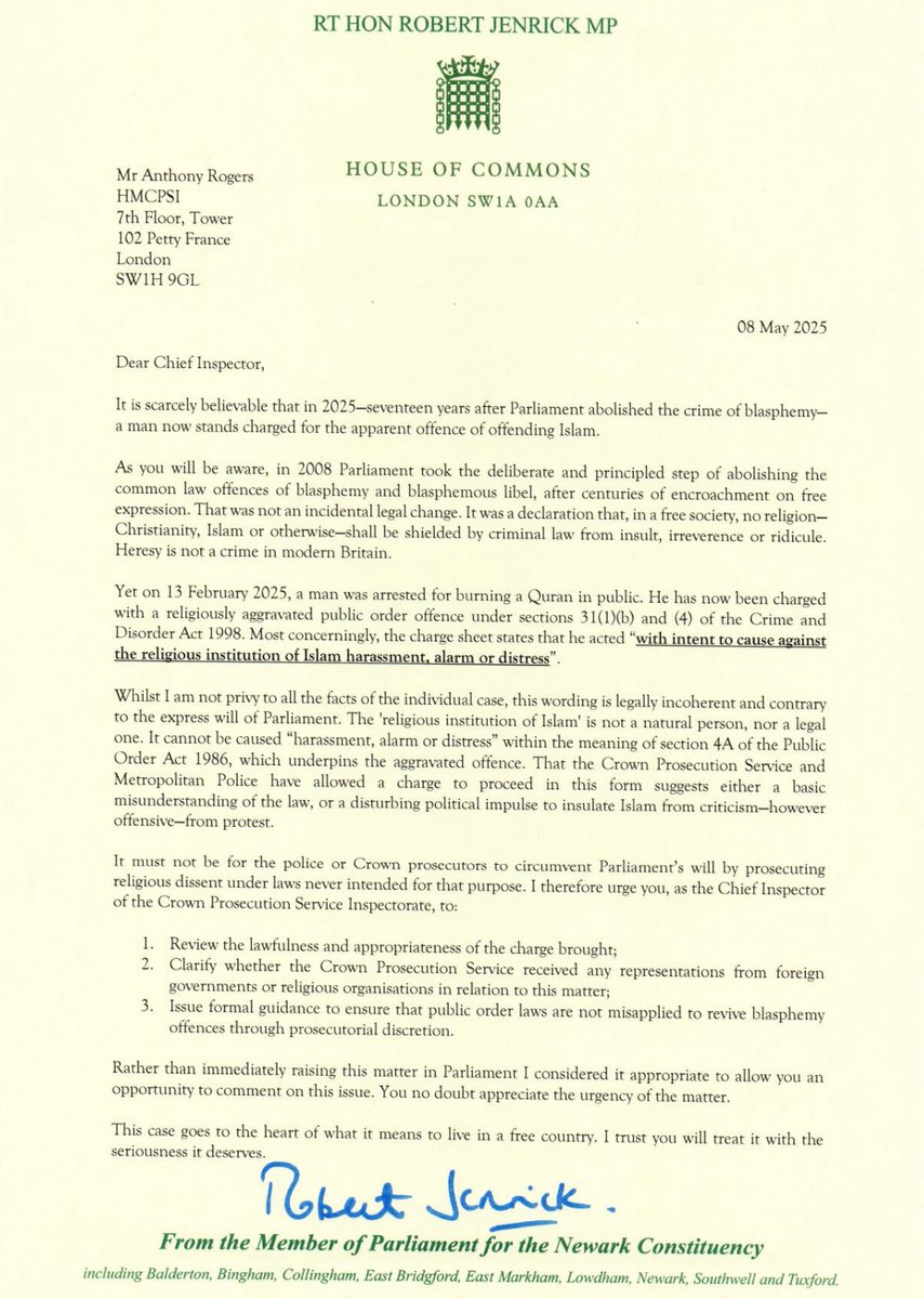 I’ve written to the Chief Inspector of the CPS Inspectorate asking for an urgent review of the lawfulness of prosecuting a man for “offending Islam.”

Blasphemy laws were abolished in Britain for good reason. They must not return through the back door.