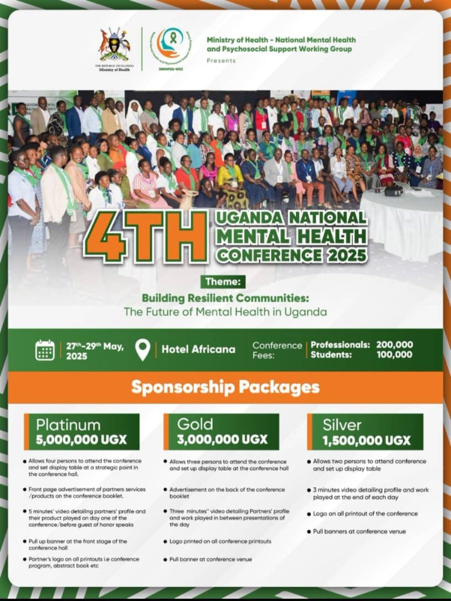 Mental Health & Psychosocial Support Working Group (@nmhpsswg) on Twitter photo Several activities are ongoing across the country as we embark on the #MentalHealthAwarenessMonth we shall crown it all with the 4th NMH Conf at Hotel Africana 27th to 29th May.
BE APART ! <a href="/counsellingug/">Uganda Counselling Association (UCA)</a> <a href="/UPFMH2020/">@Uganda Parliamentary Forum On Mental Health</a> <a href="/NationMediaGrp/">Nation Media Group</a> <a href="/ntvuganda/">NTV UGANDA</a> <a href="/MinofHealthUG/">Ministry of Health- Uganda</a> Several activities are ongoing across the country as we embark on the #MentalHealthAwarenessMonth we shall crown it all with the 4th NMH Conf at Hotel Africana 27th to 29th May.
BE APART ! <a href="/counsellingug/">Uganda Counselling Association (UCA)</a> <a href="/UPFMH2020/">@Uganda Parliamentary Forum On Mental Health</a> <a href="/NationMediaGrp/">Nation Media Group</a> <a href="/ntvuganda/">NTV UGANDA</a> <a href="/MinofHealthUG/">Ministry of Health- Uganda</a>