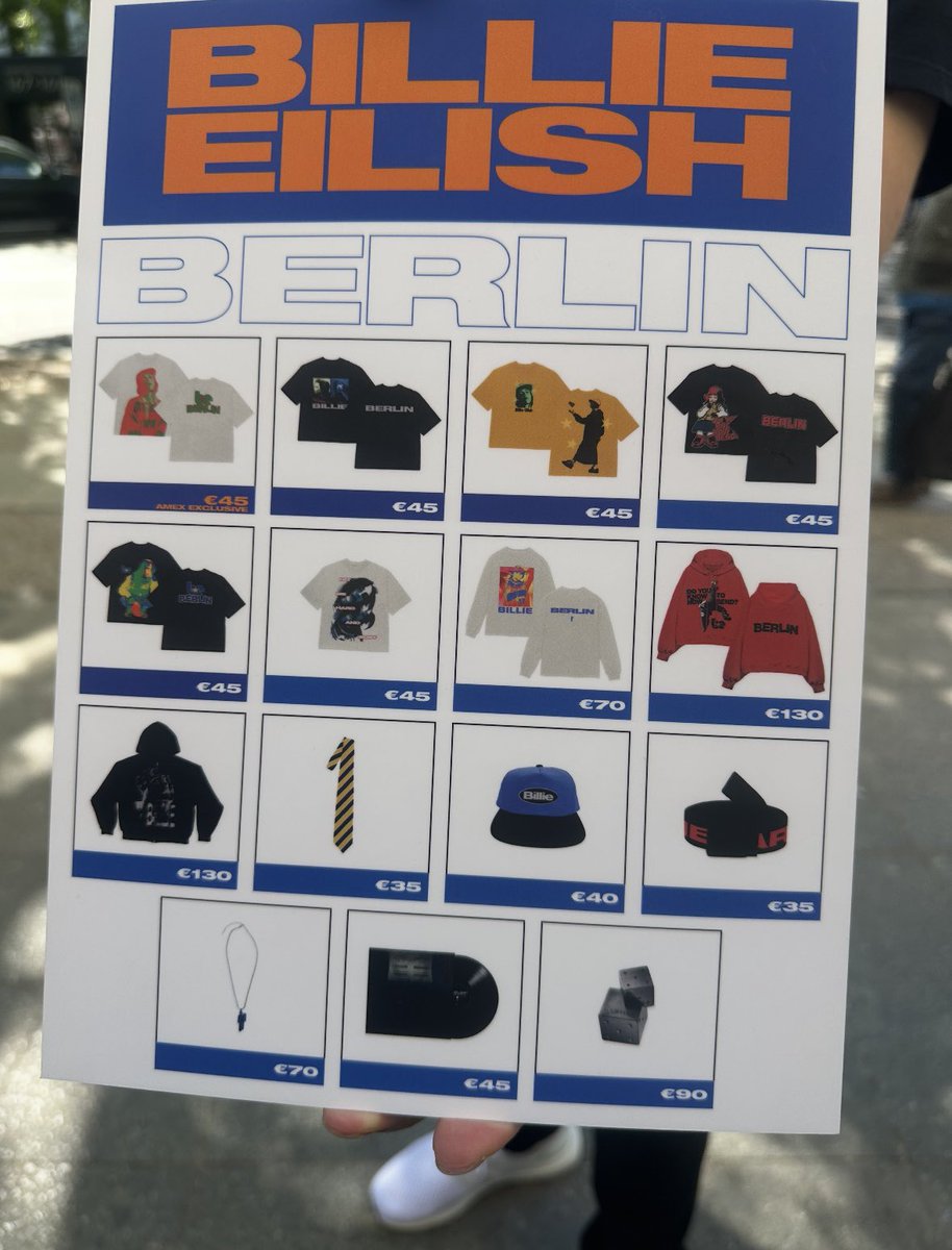 Billie Eilish Tours (@billieeilishtrs) on Twitter photo A look at the merch available at Billie’s <a href="/AmericanExpress/">American Express</a> Pop-Up in Berlin, Germany! ⭐️ A look at the merch available at Billie’s <a href="/AmericanExpress/">American Express</a> Pop-Up in Berlin, Germany! ⭐️