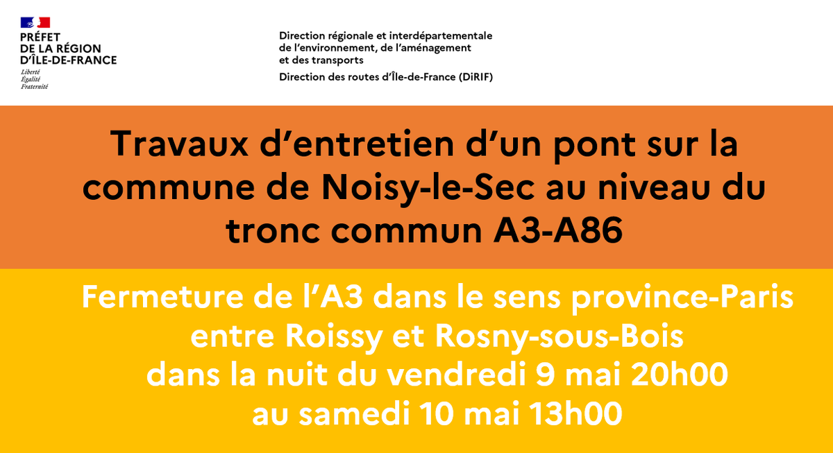 ⏳Ce soir c'est la dernière nuit de fermeture sur l'A3 sens province-Paris à partir de 20h jusqu'au samedi 10 mai 13h !

▶️Pour en savoir plus sur les travaux d'entretien réalisés, n'hésitez pas à consulter l'article de France Bleu : francebleu.fr/emissions/c-es…