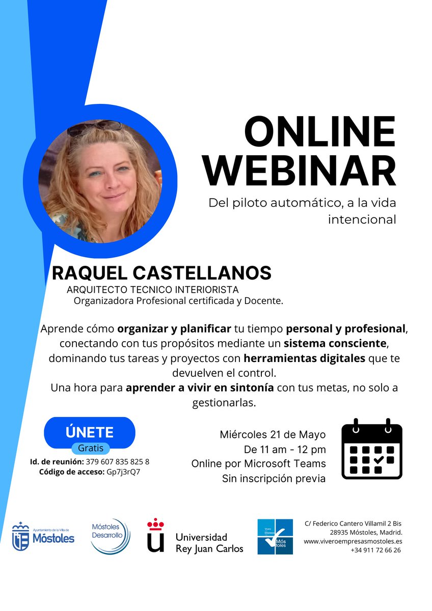 📣 WEBINAR | Del piloto automático a la vida intencional

¿Te faltan tiempo y claridad?
Aprende a organizar tu vida con herramientas como Google Calendar y Asana.
🗓️ 21 mayo | 🕚 11h | 💻 Online
Ponente:  Raquel Castellanos
🔗 tinyurl.com/43kkpkww

#ViveroEmpresasMóstoles
