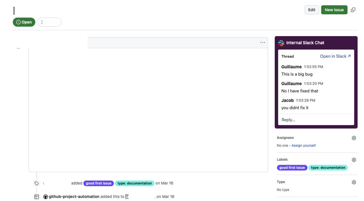 BeGuillaume's tweet image. Last week, we did a small hackthon in London with the @invertaseio team!
We came up with a tool to replicate Slack messages on the GitHub page.
This way, we can have a private chat about any issue on Slack, while still being able to keep the context on GitHub if needed 😇