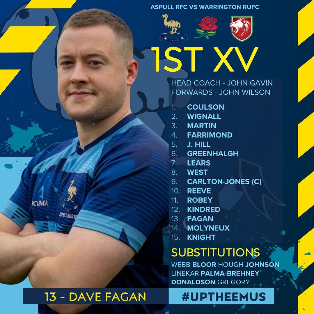 MATCHDAY SQUAD ANNOUNCEMENT
This Sunday, Aspull RFC face Warrington RUFC in the Lancashire Trophy Final!

Venue: Wigan RUFC
Kick-off: 3:00PM
Date: Sunday, 12th May

Thanks to all the Emu supporters who’ve followed us throughout the season — your support has been amazing!