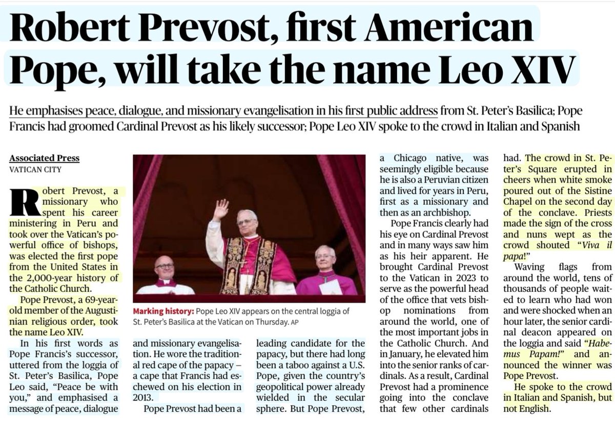 imRavikantYadav's tweet photo. 'Robert Prevost, first American Pope, will take the name LeoXIV'

:Details

#Pope #PopeLeoXIV #RobertPrevost #RobertFrancisPrevost #AmericanPope #Peru #PeruvianPope 
#LeoneXIV #Church #VaticanCity 

#UPSC 

Source: TH,  AP https://t.co/6AE6KT3Qsb