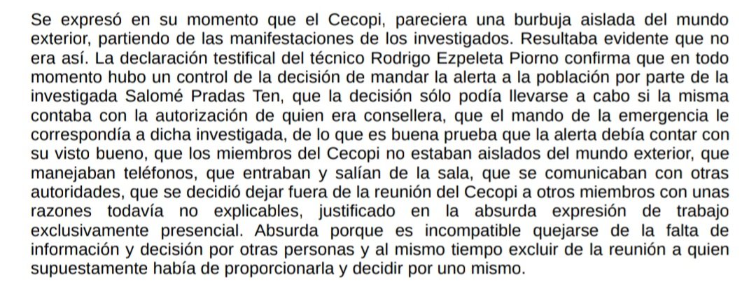 La jueza Ruiz Tobarra está desmontando, paso a paso, todos los argumentos del Gobierno de Mazón. Aquí califica de "absurdo" aquello de que el Cecopi se fue a negro de 6 a 7 de la tarde, en las horas más trágicas de la catástrofe, para trabajar "de forma exclusivamente presencial"
