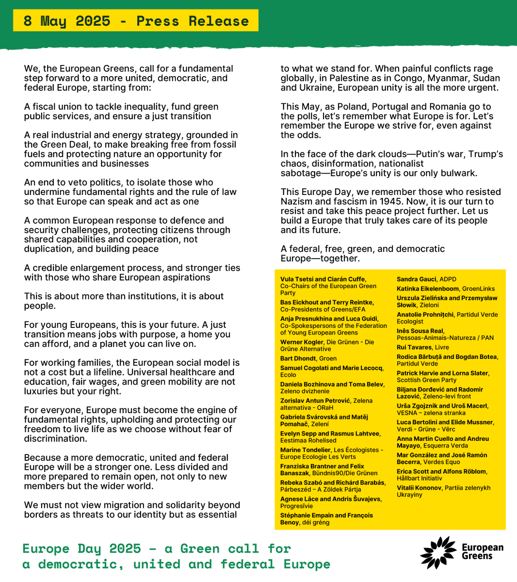 🇪🇺💚 A Green call for a democratic, united &amp; federal Europe: read our joint statement with representatives from many Green parties from around Europe.

👉 europeangreens.eu/news/europe-da…