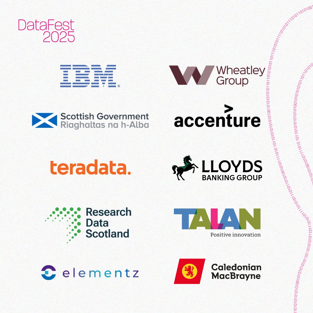 The Data Lab (@datalabscotland) on Twitter photo Looking forward to seeing all our partners at DataFest 2025! 👏
Catch them in the exhibition hall or on stage for some exciting conversations and insights.
<a href="/IBM/">IBM</a> , <a href="/WheatleyHousing/">Wheatley Group</a>, <a href="/scotgov/">Scottish Government</a>, <a href="/Accenture/">Accenture</a>, <a href="/Teradata/">Teradata</a>, <a href="/LBGplc/">Lloyds Banking Group</a>, <a href="/RDS_Scotland/">Research Data Scotland</a>, Talan, Elementz, <a href="/CalMacFerries/">CalMac Ferries</a> Looking forward to seeing all our partners at DataFest 2025! 👏
Catch them in the exhibition hall or on stage for some exciting conversations and insights.
<a href="/IBM/">IBM</a> , <a href="/WheatleyHousing/">Wheatley Group</a>, <a href="/scotgov/">Scottish Government</a>, <a href="/Accenture/">Accenture</a>, <a href="/Teradata/">Teradata</a>, <a href="/LBGplc/">Lloyds Banking Group</a>, <a href="/RDS_Scotland/">Research Data Scotland</a>, Talan, Elementz, <a href="/CalMacFerries/">CalMac Ferries</a>