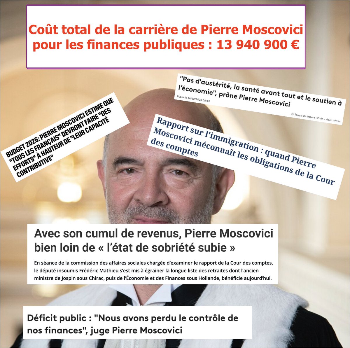 🚨Pierre Moscovici : une carrière estimée à 13 940 900 € pour les finances publiques.  

Détail ⤵️
