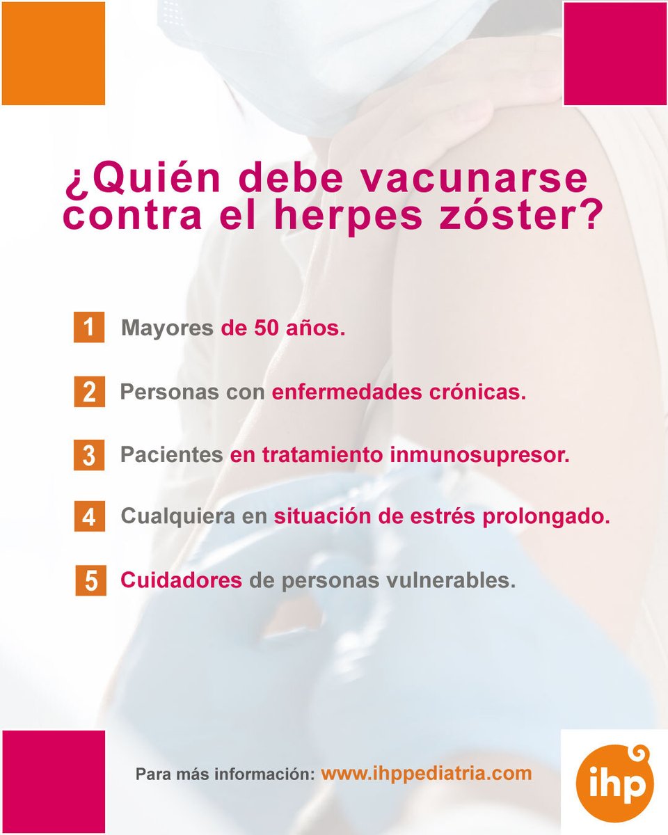 🧠 ¿Sabías que el virus del herpes zóster puede reactivarse con la edad? A partir de los 50 años, nuestras el riesgo de padecer esta enfermedad aumenta.

 👉 Consulta con tu médico: ihppediatria.com/blog-ihp/vacun…

#Vacunación #HerpesZóster #Prevención #Salud #GrupoIHP
