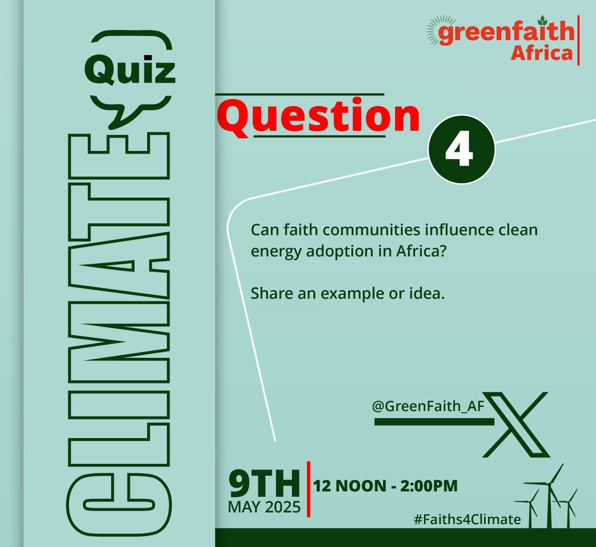 GreenFaith Africa (@greenfaith_afr) on Twitter photo CLIMATE QUIZ - QUESTION 4
Faith communities hold deep influence across Africa, shaping values, guiding behavior, and mobilizing collective action.
But can they also be champions for clean, renewable, energy?
#Faiths4Climate | #Women4RE | <a href="/BROT_furdiewelt/">Brot fĂźr die Welt</a> CLIMATE QUIZ - QUESTION 4
Faith communities hold deep influence across Africa, shaping values, guiding behavior, and mobilizing collective action.
But can they also be champions for clean, renewable, energy?
#Faiths4Climate | #Women4RE | <a href="/BROT_furdiewelt/">Brot fĂźr die Welt</a>