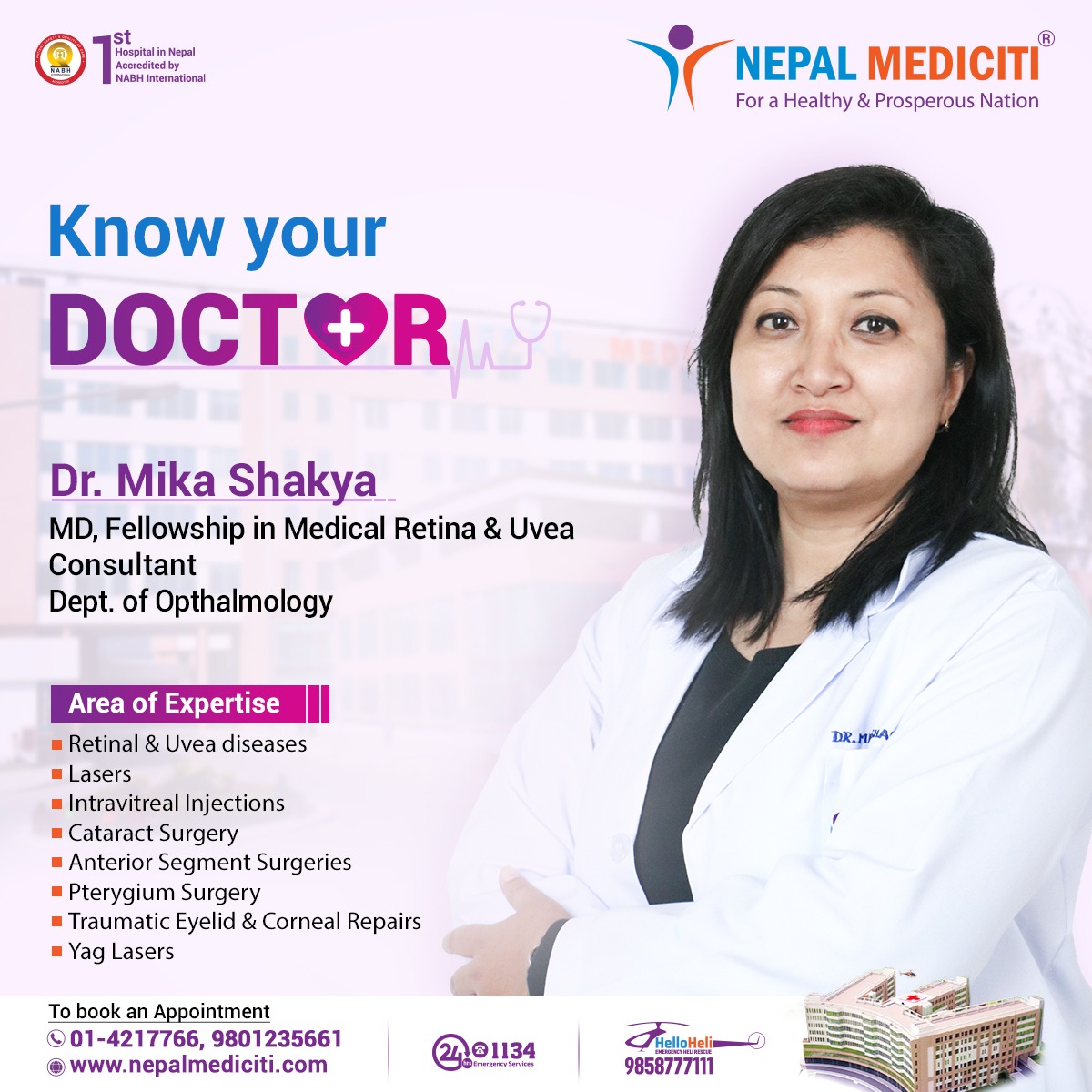 nepalmediciti's tweet image. #KnowYourDoctor Meet Dr. Mika Shakya, Consultant in the Department of Ophthalmology at Nepal Mediciti. 

To book an appointment: nepalmediciti.com/doctor-medicit…
#opthalmology #eyeproblem #eyehealth #doctor #opthalmologist #NepalMediciti #besthospital #qualityservice #tophospitalinnepal