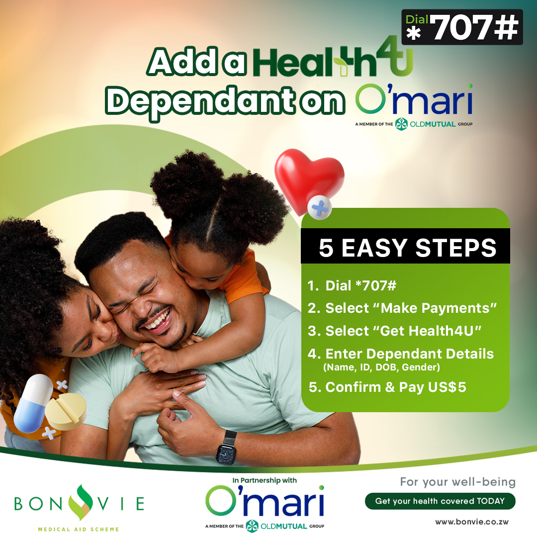 Health4Uzw's tweet photo. Add your loved ones to Health4U on @OmariZimbabwe & give your children and spouse the care they deserve. Affordable, accessible, and simple!
Dial *707# to sign up today!
T&Cs apply.
Mwana wese ku Health4U! Ngena lawe ku Health4U!
#SwitchToBonVie #thegoodlife #GreenHustle https://t.co/nmNSMYy6gW