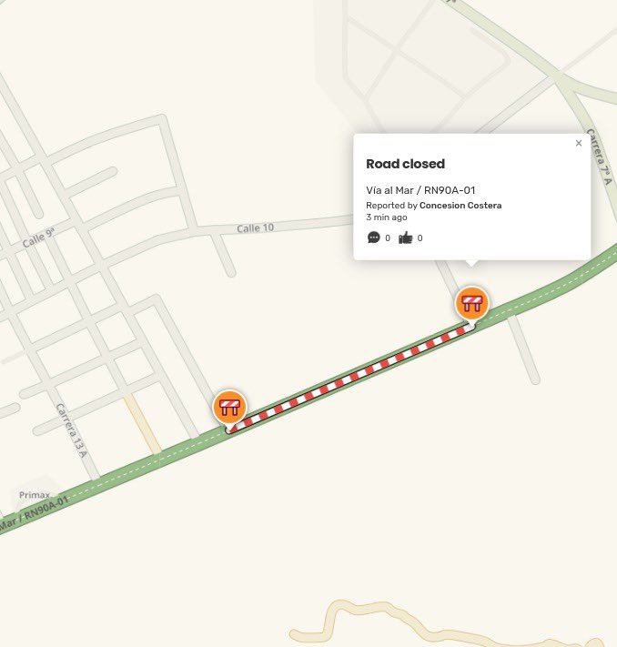 #ATENCIÓN a esta hora se encuentra CERRADA la Vía Cartagena-Barranquilla RN 90A01, la altura del pr 74+900, sector de Juan de Acosta, por emergencia de afecciones en la vía.

Se invita a los usuarios a tomar vías alternas y consultar el estado de la ruta en tiempo real en WAZE.